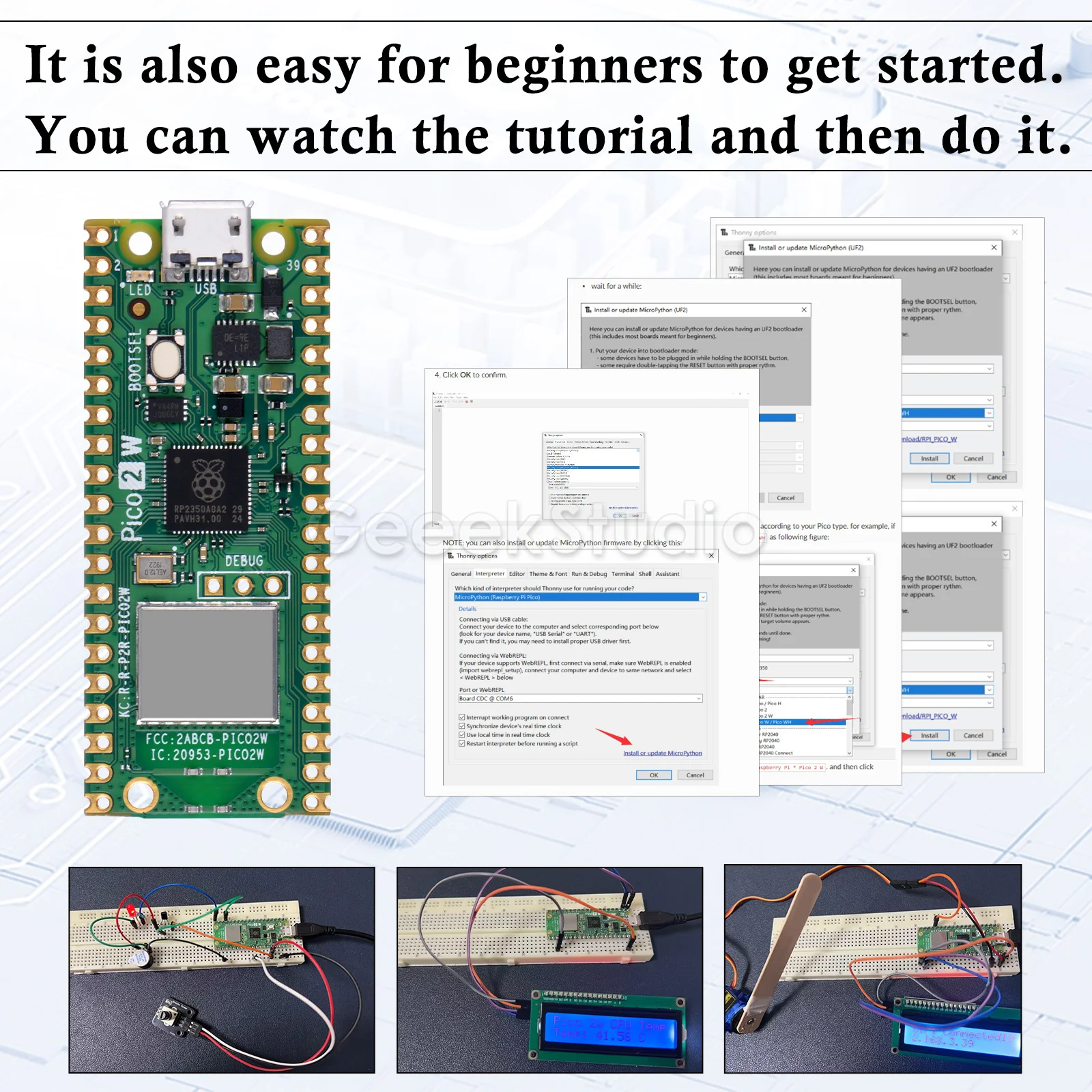 Raspberry Pi Pico 2 WH Starter Kit Programming Experiment Breadboard
