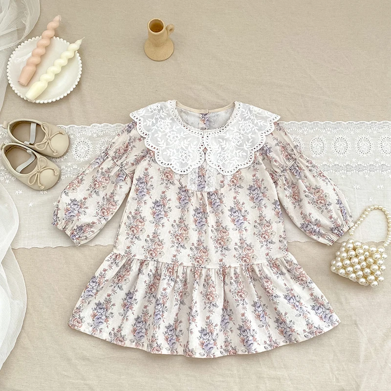 Autumn Flower French Contrasting Lapel Style Girls' Dress Spring Baby Kids Long Sleeved Pure Cotton Lace Sweet Princess Dress