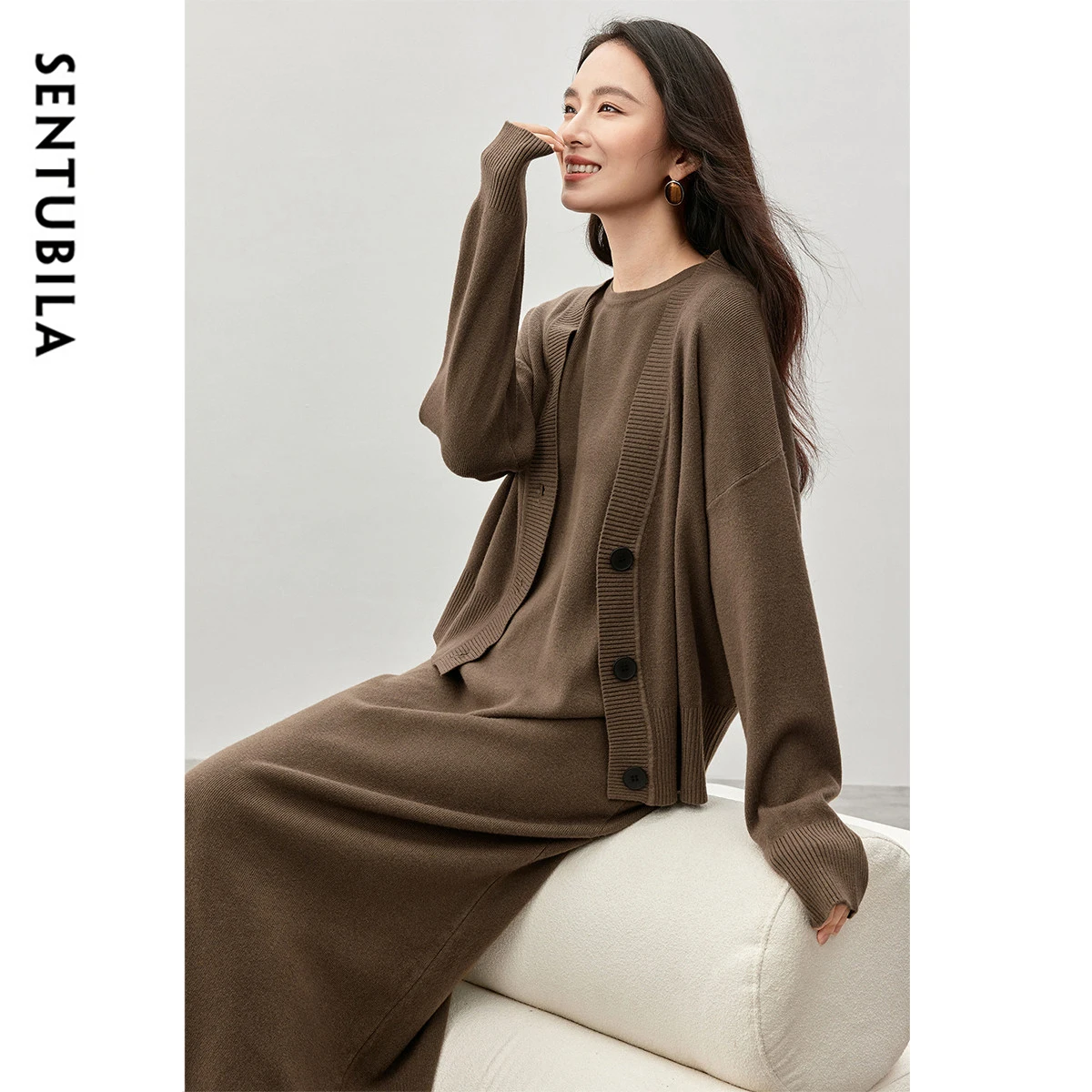 SENTUBILA Classic Women 2 Piece Set 2024 Winter Straight Knit Vest Dress V Neck Casual Loose Cardigan New Match Set W44Z57636