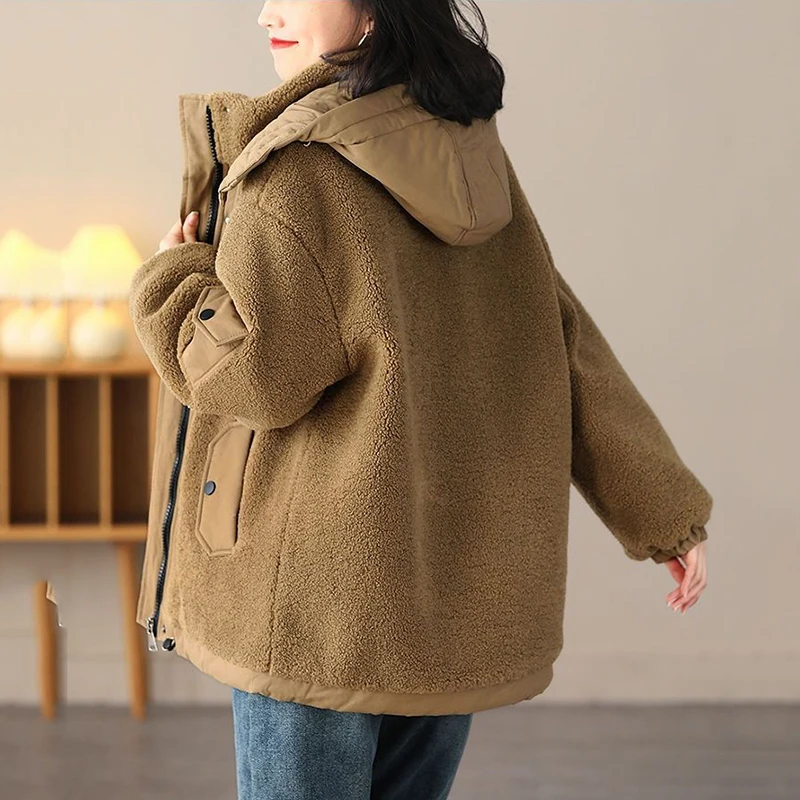 Thicke Lamb Plush Jacket for Women, Casual Warm Parker Coat, Loose Cotton-Padded Jacket, Hooded Tops, Autumn Winter Fashion, New