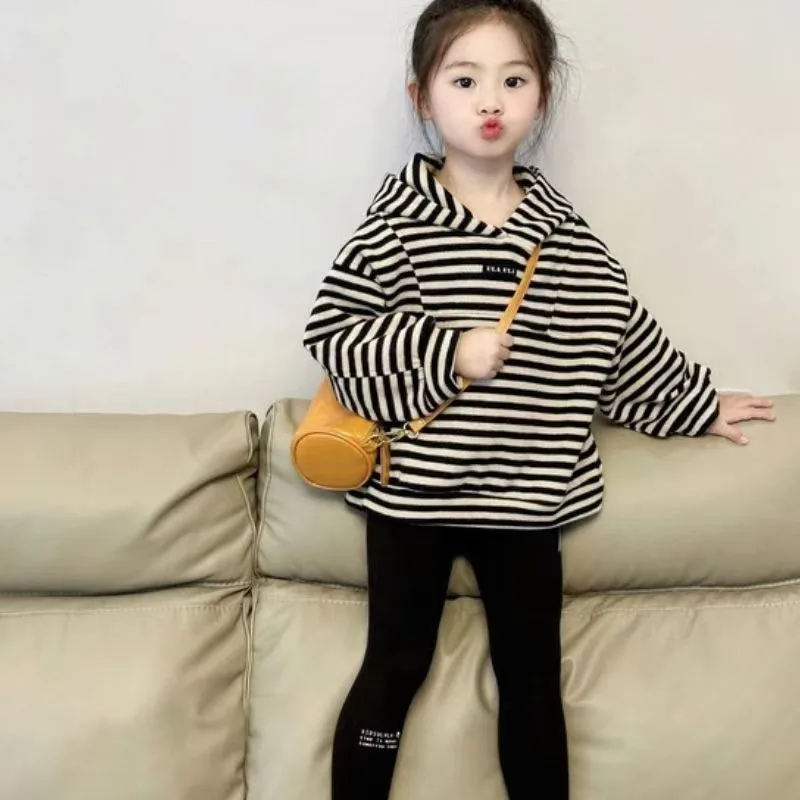 

Новое поступление весны/осень 202, стильная полосатая корейская модная толстовка с капюшоном для маленьких девочек, детей среднего и большого размера