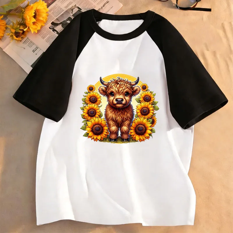 Fashion Cow with Flower Design T-Shirt Printed T Shirt Girls' Summer Clothes Short Sleeve Tops T-Shirts Cute Boys Clothing