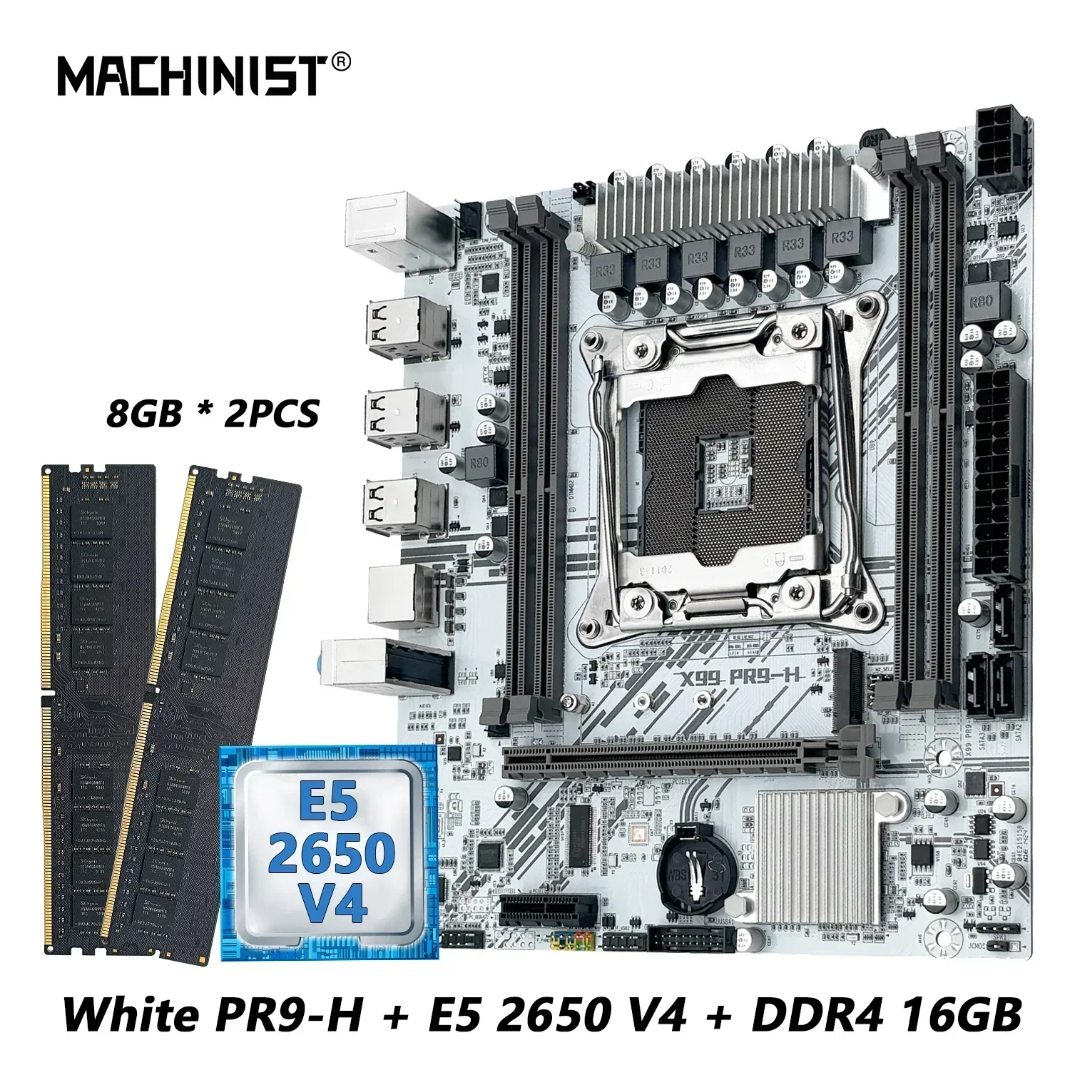 

MACHINIST X99 Motherboard kit Intel Xeon E5 2650 V4 LGA 2011-3 CPU Set DDR4 8GB*2pcs support NVME m.2 White X99 PR9-H