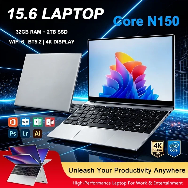 15.6 Inch Full HD IPS Laptop 120Hz Screen Intel Core N150 32GB RAM 2TB SSD Backlit Keyboard Long Battery Life Windows 11