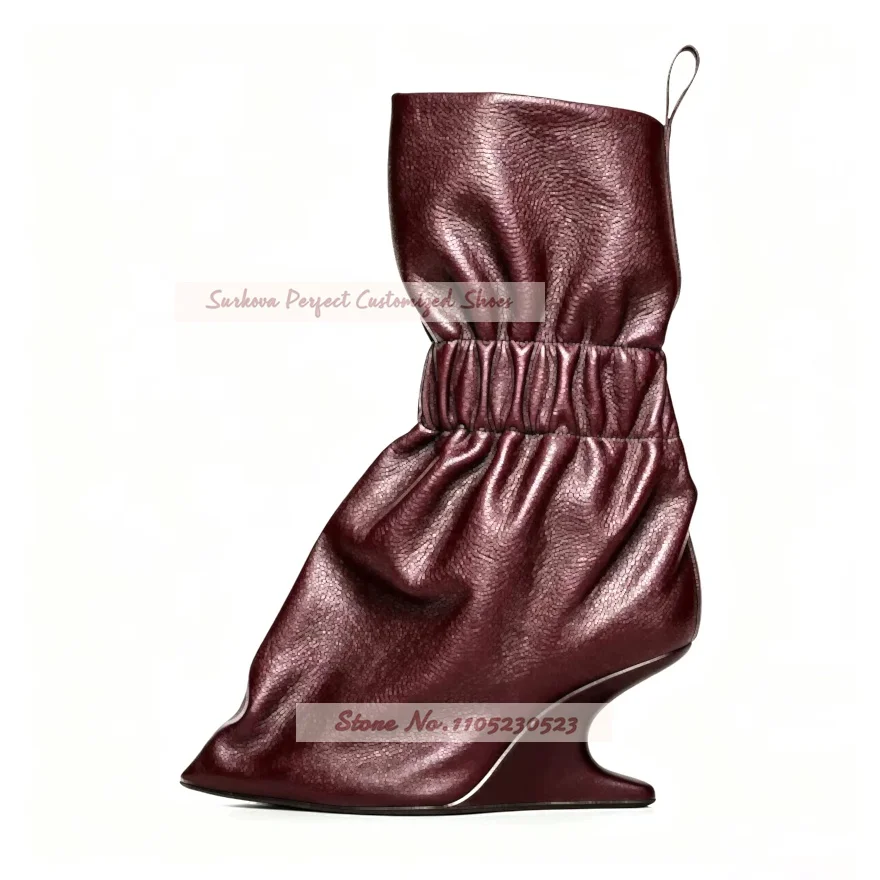 Women Burgundy Strange Heel Ankle Boots Unique Wedged Elastic Band Soft Leather Party Shoes elegant Booties