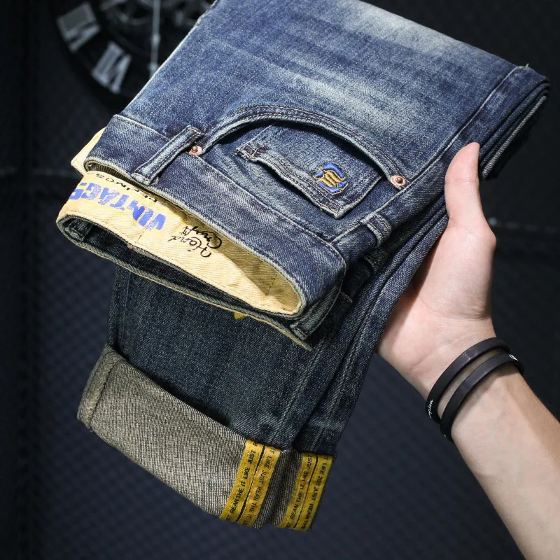 2024 New Vintage Blue Jeans Men High-End and Fashionable Embroidered Versatile Casual Straight-Leg Slim-Fitting Long Pants