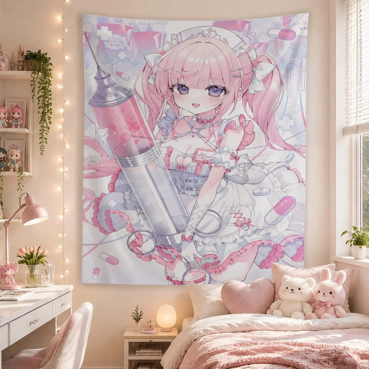 Pink Hair Nurse Lolita Anime Tapestry, Yami Kawaii Syringe Medical Aesthetic Wall Hanging for Girls Bedroom Dorm Decor