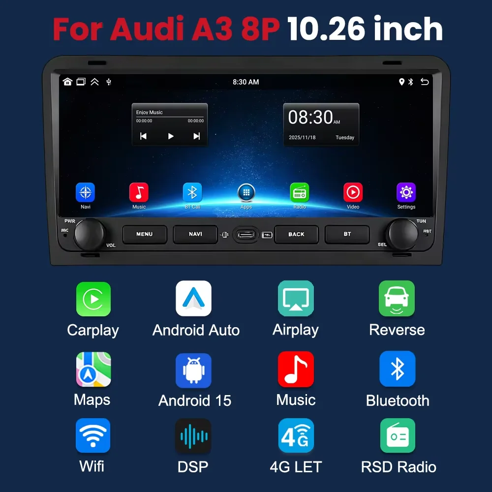 Autoradio da 10,26 pollici per Audi A3 8P S3 2003 2004 2005-2012, GPS, BT, DSP, RDS, navigazione 4G, multimedia, CarPlay wireless, Android Auto