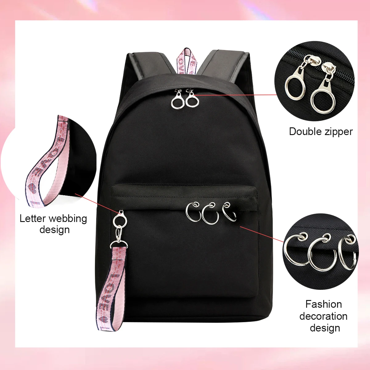 7 Pcs Mountaineering Leisure Backpack Bag Set, PU Keychain, Fashion Makeup bag, Y2K Keychain, Five pointed star black and white