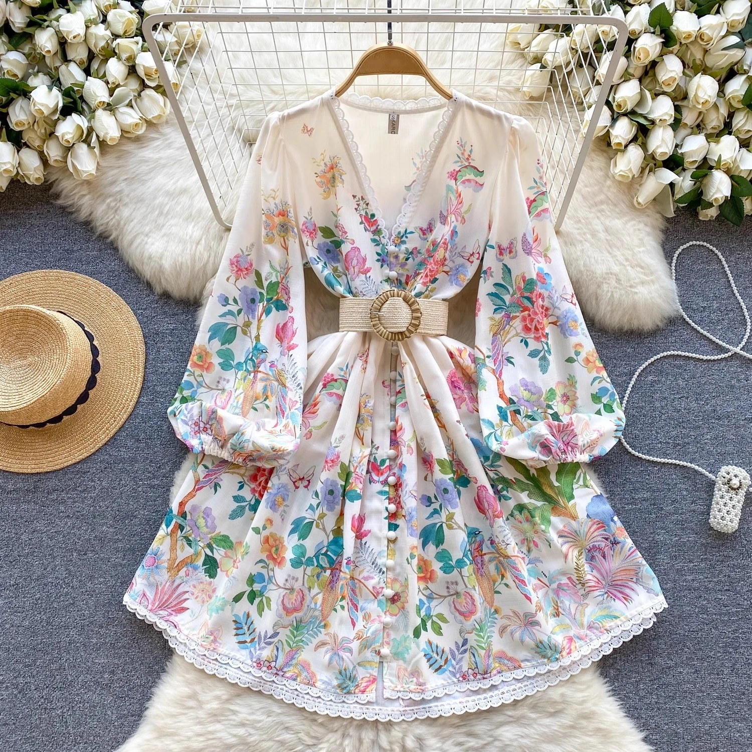 Clothland Women Sweet Floral White Dress Lace Patchwork Lantern Sleeve Belt A Line One Piece Retro Chic Mini Dresses QD438