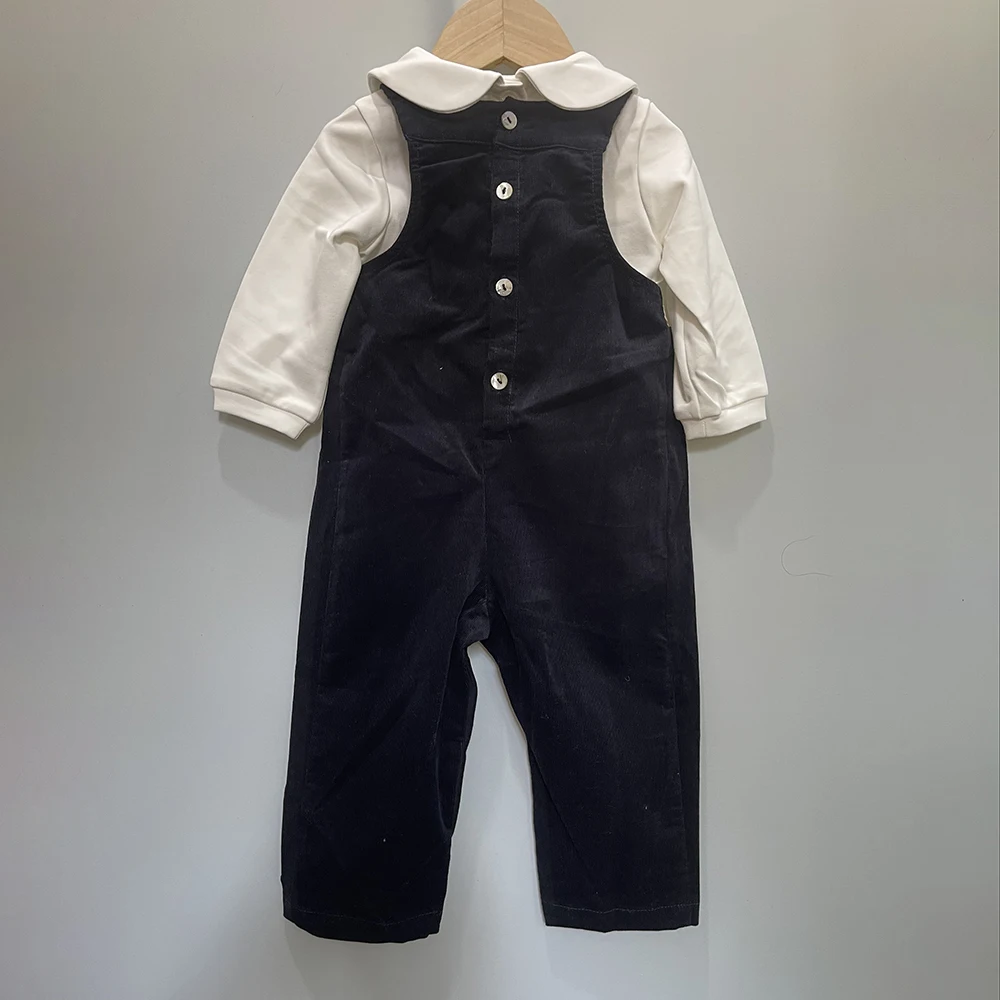 Baby Boy Christmas Set Suspenders Outfit Navy Blue Soldier Embroidered Corduroy Trousers British Jumpsuit Cut Children Boutique