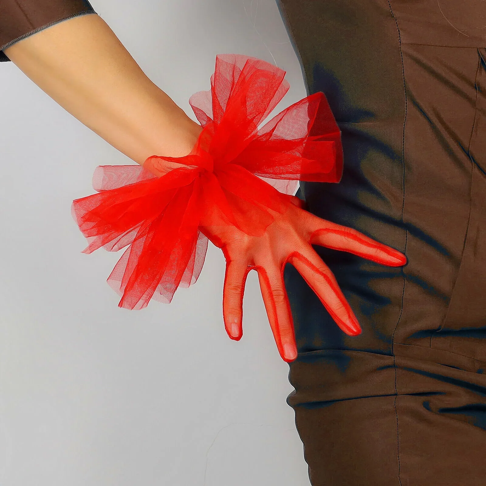 Women's Red Tulle Lace Gloves Cheerleader Short Sheer Mesh Ruffle Elastic Puff Cuffs Dancing Party Evening Wedding Bridal Glove
