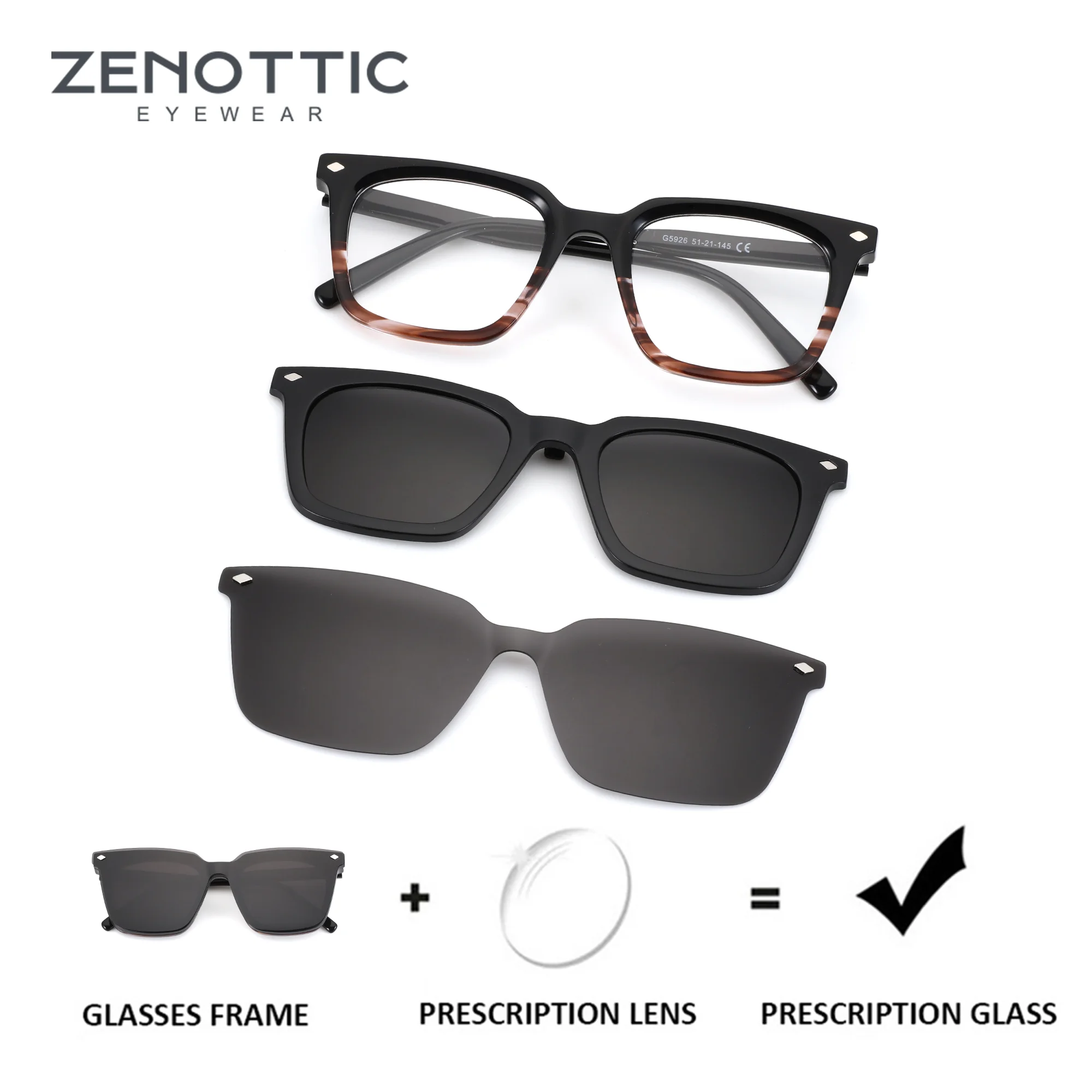 

ZENOTTIC (L Size）Men Square Prescription Glasses Acetate Frame Quick Click Magnetic Myopia/Progressive Lenses
