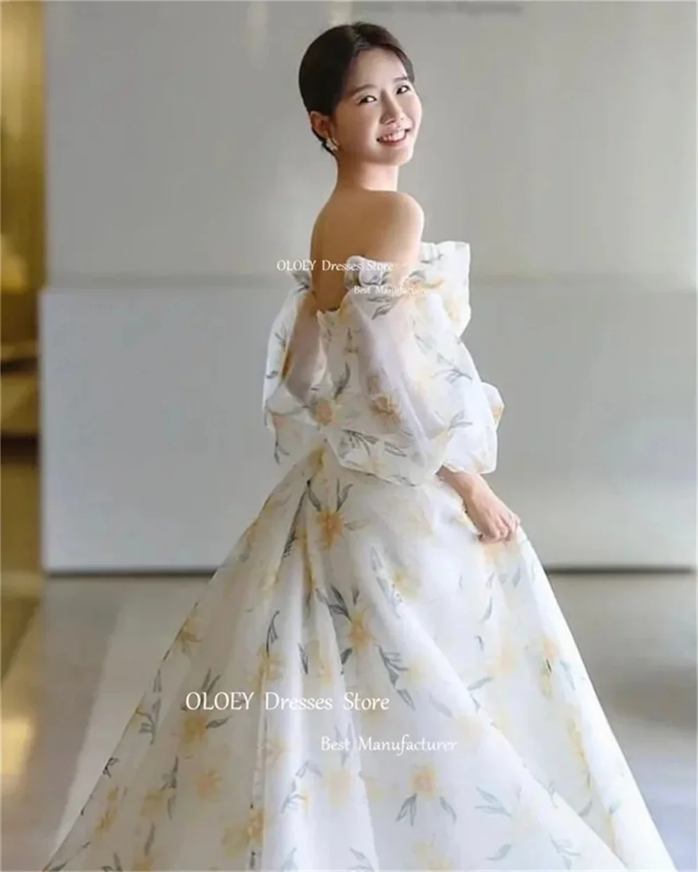 OLOEY Exquisite Floral Prom Dresses Korea Wedding Photoshoot Party Gowns Cap Sleeve A-Line Floor Length Evening Dress Customized