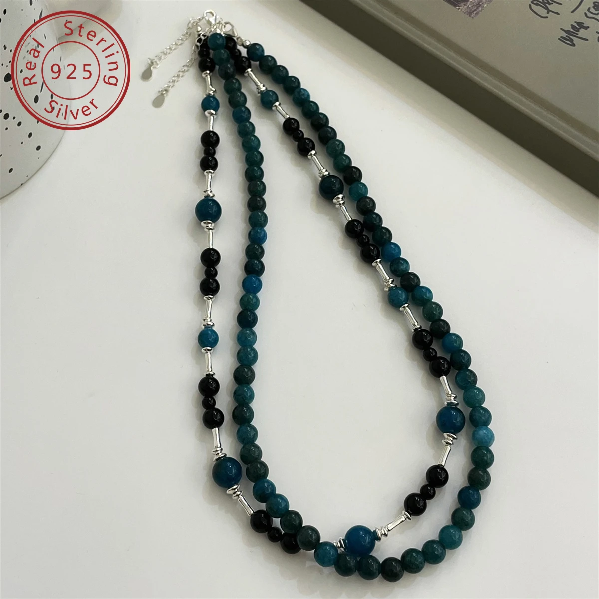925 silver new Chinese style natural black agate blue scale gray stone necklace, niche design style, full of texture