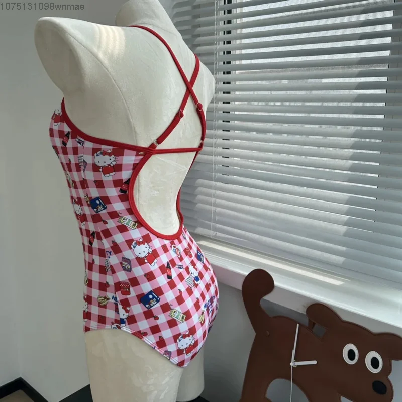 Traje de baño de estilo a cuadros de Hello Kitty para mujer, Bikini Sexy de una pieza con cuello Halter y triángulo, conjunto de ropa de verano para