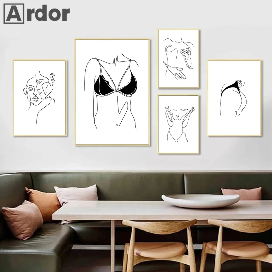 Abstract Couple Kiss Line Drawing Wall Art Poster Sexy Women Body Print Hand In Hand Canvas Painting Nordic Picture Home Decor