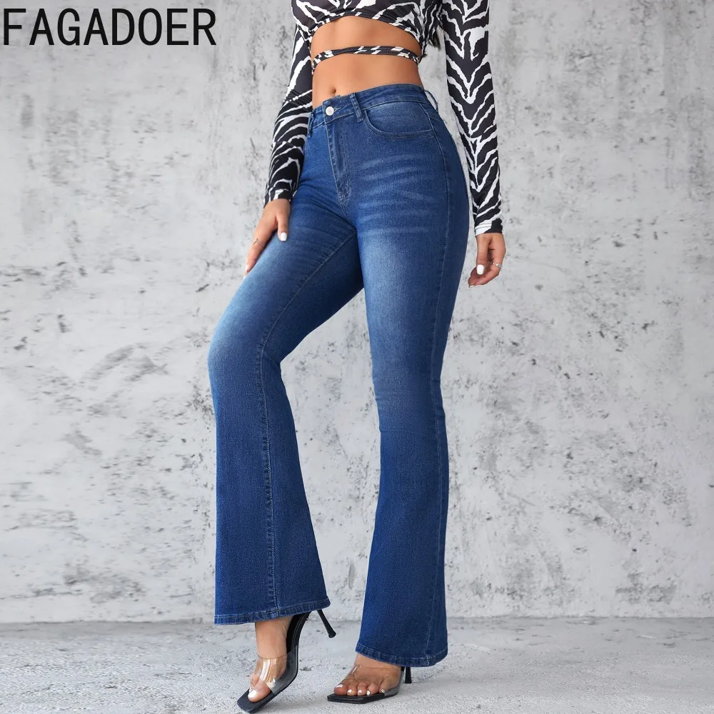 FAGADOER 2024 New Jeans Women Vintage Street Water Wash Denim Bell Bottoms High Waist Cargo Casual Pants Women's Wide Leg Pants