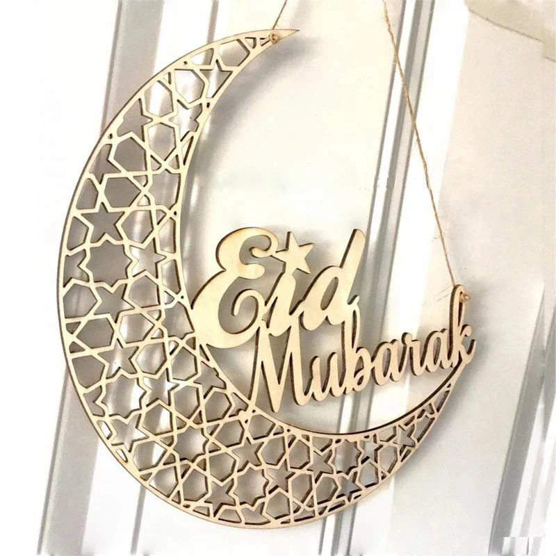 1PCS Ramadan Decoration 2024 Kareem Moon Wooden Hanging Eid Mubarak Muslim Islam Plaque Pendant Mosque Party Festival Supplies