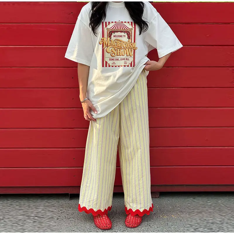 Casual Contrast Striped Women's Pants Wave Cut Elastic Waist Female Wide Leg Trousers 2026 Autumn Lady Vintage Chic Pant