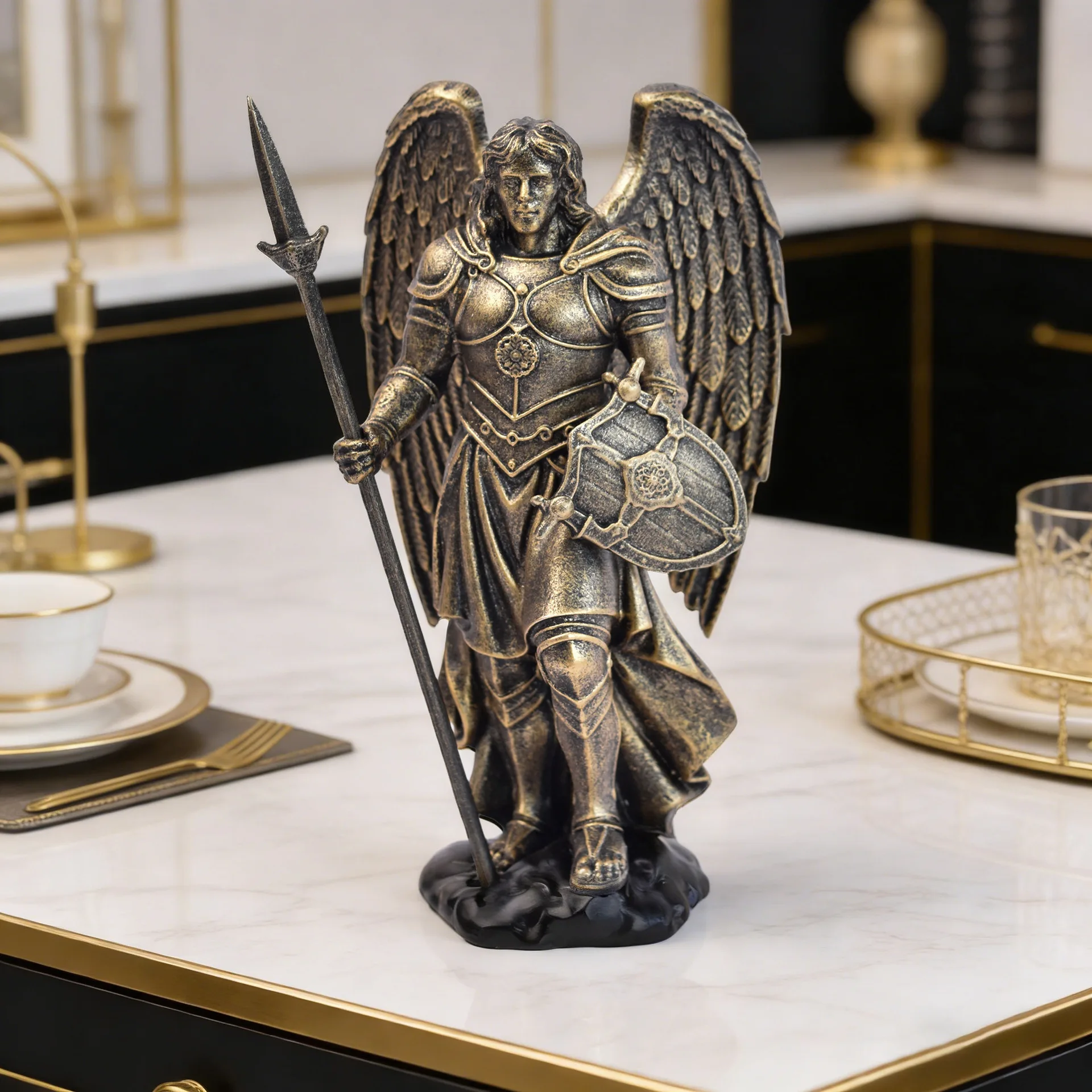 Statue de l'archange Michel, sculpture en résine, figurine de Saint Michel, style bronze vintage, décoration d'intérieur, cadeau religieux et spirituel