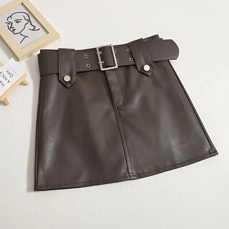 Women's Brown Mini Leather Skirt Vintage Short Skirt Harajuku Korean Style Y2k Wrap Skirt with Belt 2000s Spring Summer Clothes