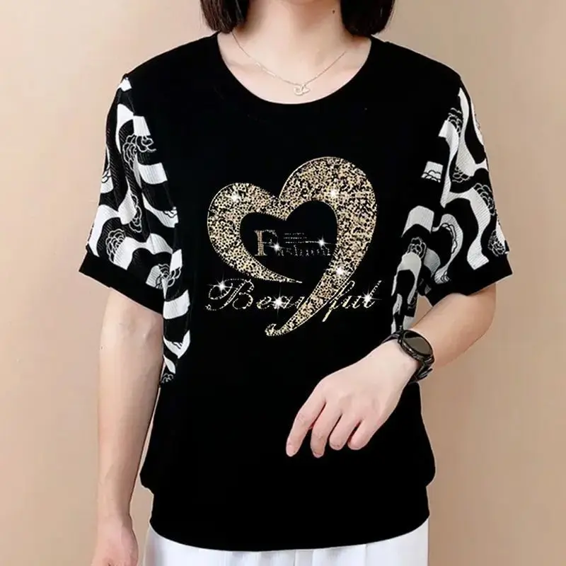 Fashion O-Neck Striped Spliced Diamonds T-Shirts Women's Clothing 2025 Summer New Loose Commuter Tops Batwing Sleeve Tee Shirt