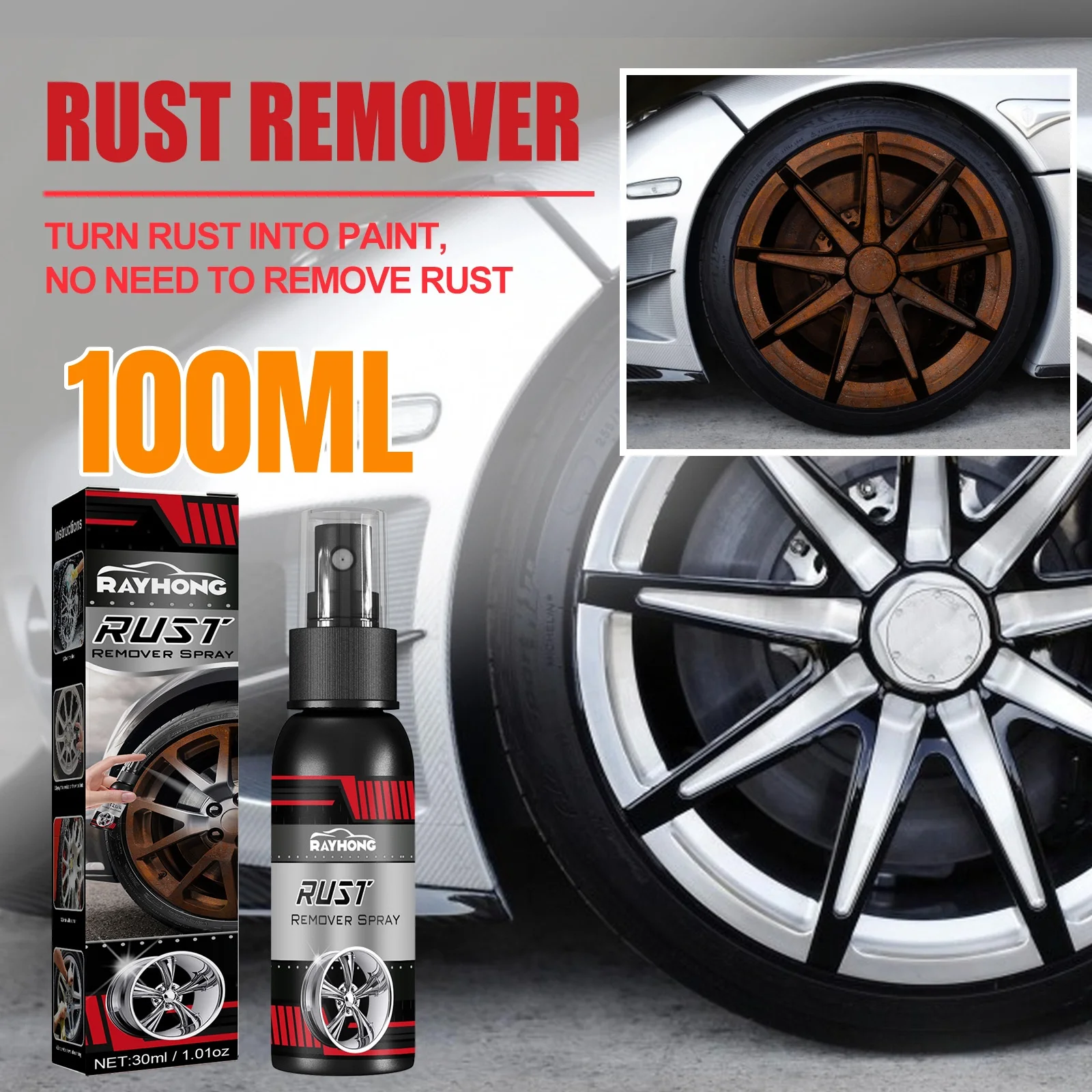 100ML Car Maintenance Iron Powder Cleaning Super Rust Remover Cleaner Multi Purpose Rust Remover Spray Metal Surface ChromePaint