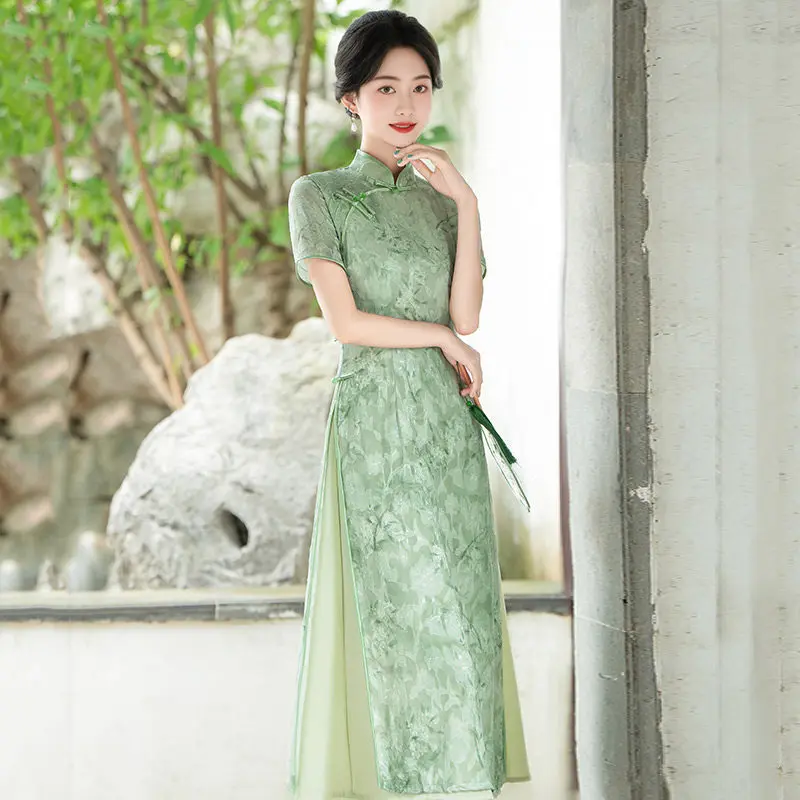 Lady Improve Chinese Style Qipao Sexy Satin Mesh Cheongsam Mandarin Collar Evening Dress Vintage Button Vestidos Plus Size 4Xl