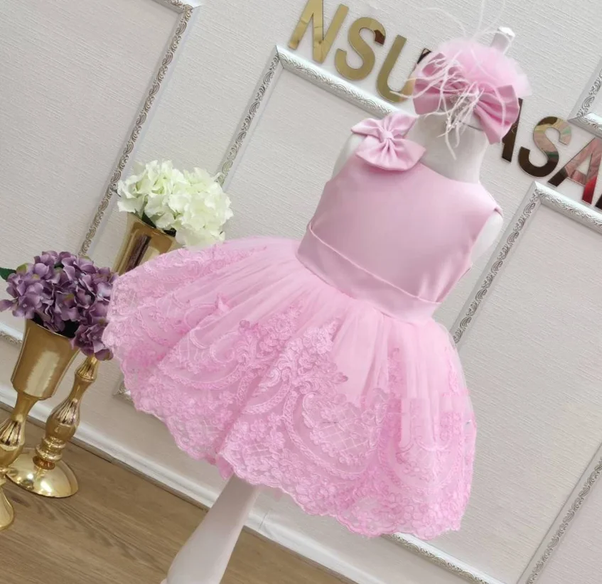 

Pink Lace Flower Girls Dress O Neck Satin Bow Infant Tutu Outfit Children's Birthday Princess Dress 12M 24M