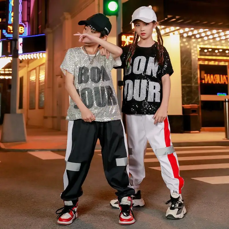 Conjunto de dança hip-hop com lantejoulas para crianças, roupa esportiva para dança de rua para meninos, fantasia de performance de palco para líderes de torcido