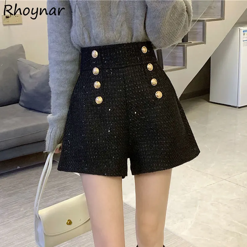 

Shorts Women Vintage Double-breasted Casual High Waist A-Line Wide Leg Female Bottoms Golden Buttons Elegant Office Lady Sexy