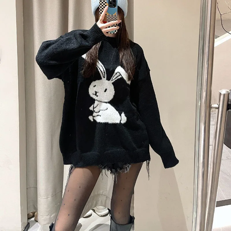 Cute Cartoon Furry Rabbit Round Collar Knit Sweater Casual Loose Spring Autumn Women Black Knitting Jumper Bottoming Sweaters