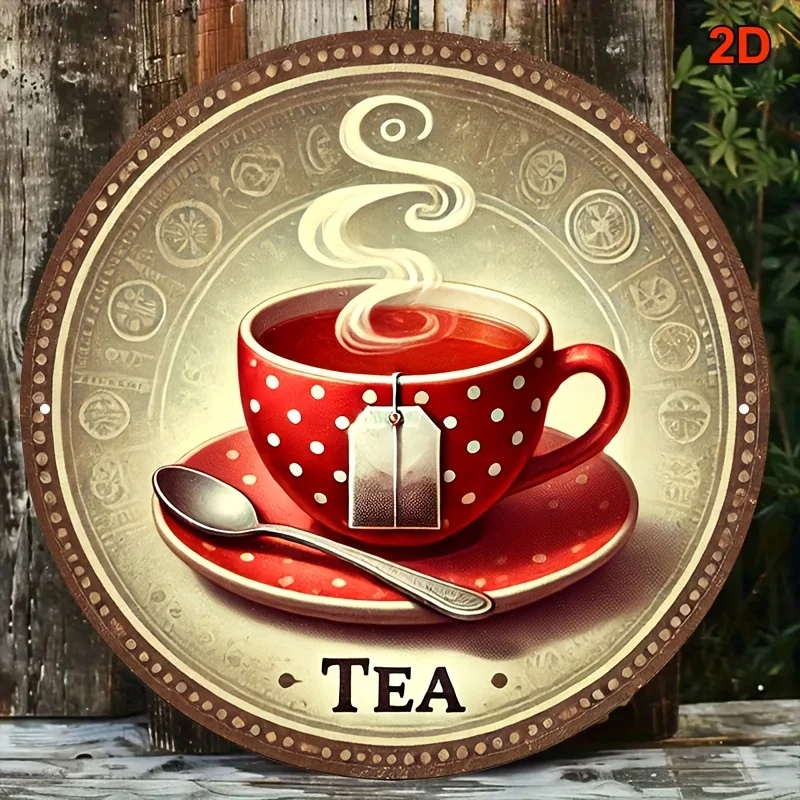 2D Flat, 1pc Vintage British Afternoon Tea Metal Wall Art - 20.32x20.32 cm Round Iron Sign with Red Polka Dot Teacup & Teapot De