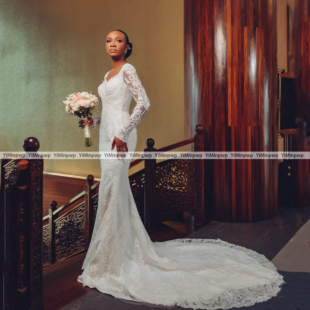 

Gorgeous Lace Wedding Dress Customized Full Sleeve Sweetheart Applique Sweep Train Mermaid Woman Bridal Party Gown Bride