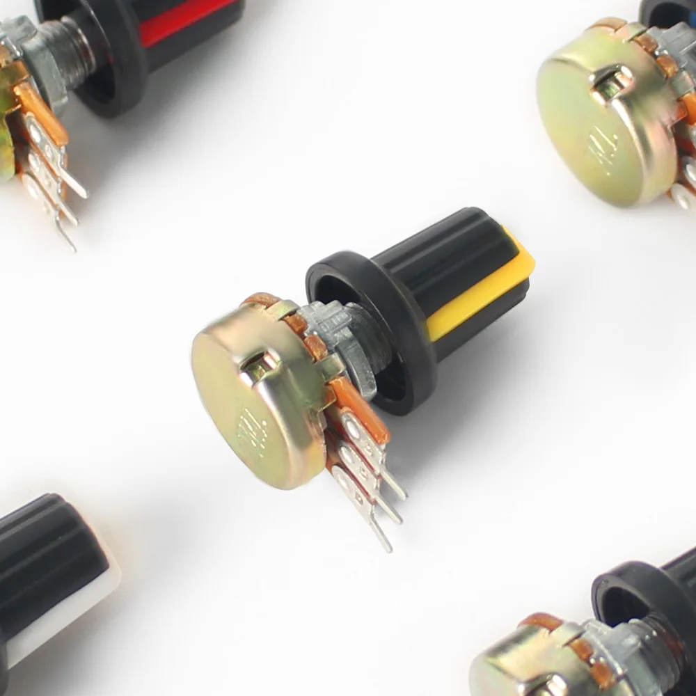 5PCS WH148 Potentiometer Linear Rotary Taper 3Pin 1K-1M Ohm Variable Resistors 15mm Shaft with Yellow AG2 Knobs,Nuts and Washers