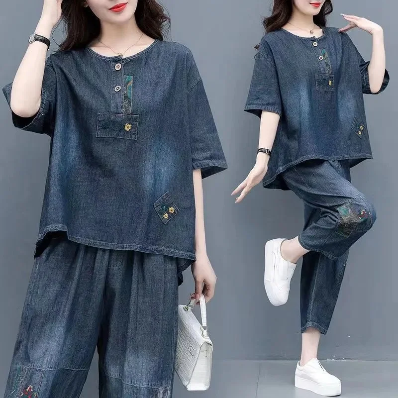 2024 Summer New Women\'s Denim Loose Fit Slim Fashion Two Piece Embroidered Western Style Casual Set For Female Trend