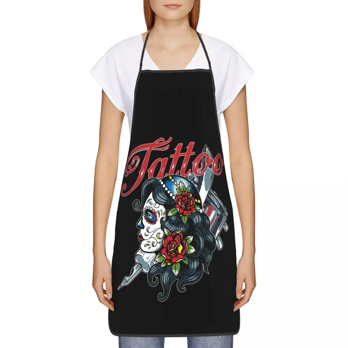 Tattoo Sugar Skull Woman Design Apron Women Men Unisex Bib Mexican Day of The Dead Kitchen Cooking Tablier Cuisine Chef Baking