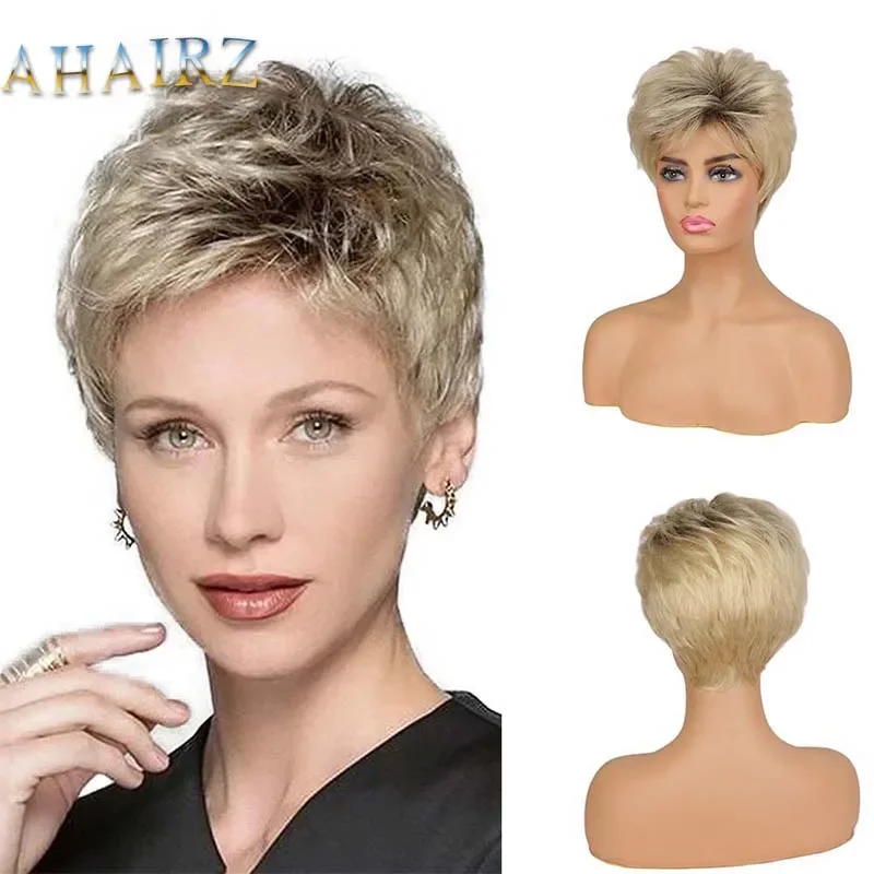 

Lady Short Wigs Mixed Blonde Synthetic Wig with Bangs Heat Resistant Dark Root Ombre Hair for White Women