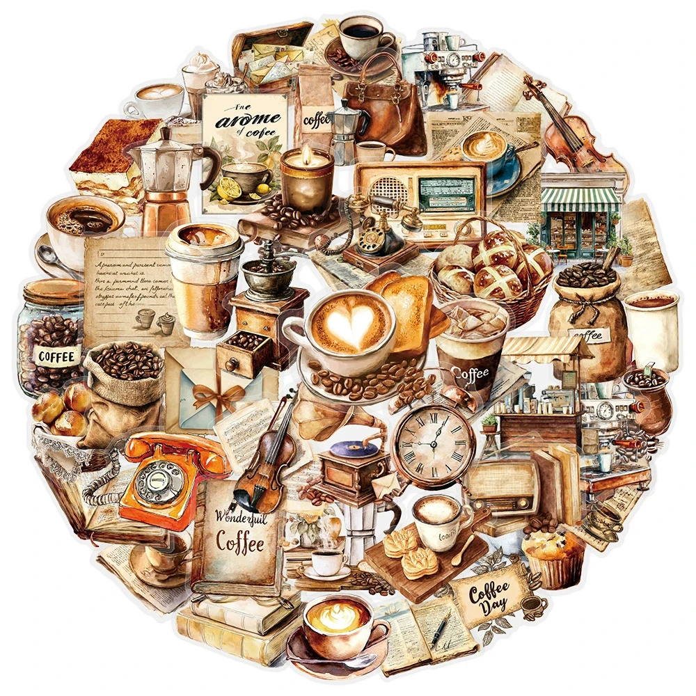 

10/30/50pcs PET Vintage Coffee Letter Aesthetic Stickers INS Cartoon Decoration Decals DIY Stationery Diary Retro Sticker