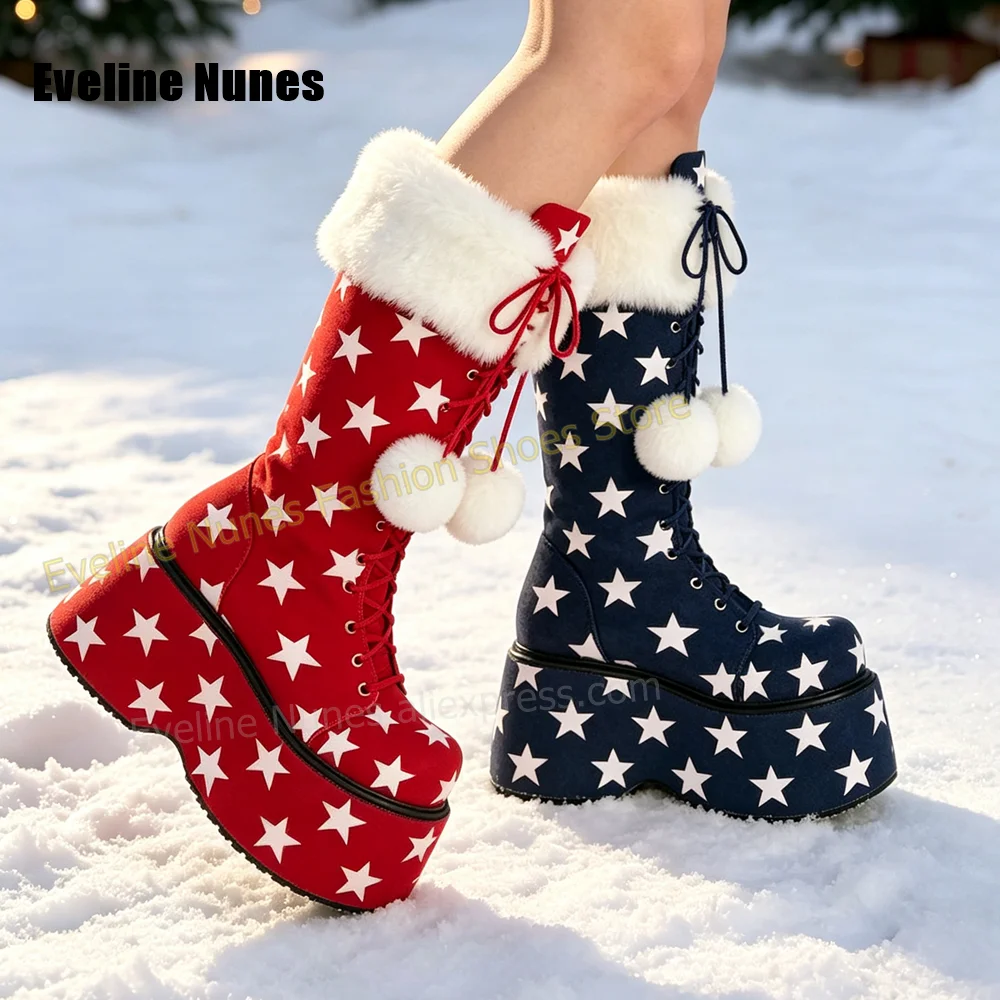Women Star Print Platform Mid Calf Boots Fur Fluffy Pom Pom Lace Up Winter Snow Boots Party Fashion Footwear 2026 Cosplay Trend