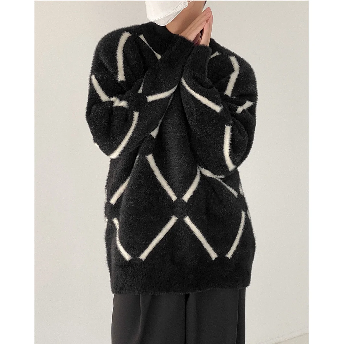 

Trendy Loose Men's Knitted Sweater round Ne Overhead Plaid Design Casual Winter Faion Comfortable Breathable Outerwear