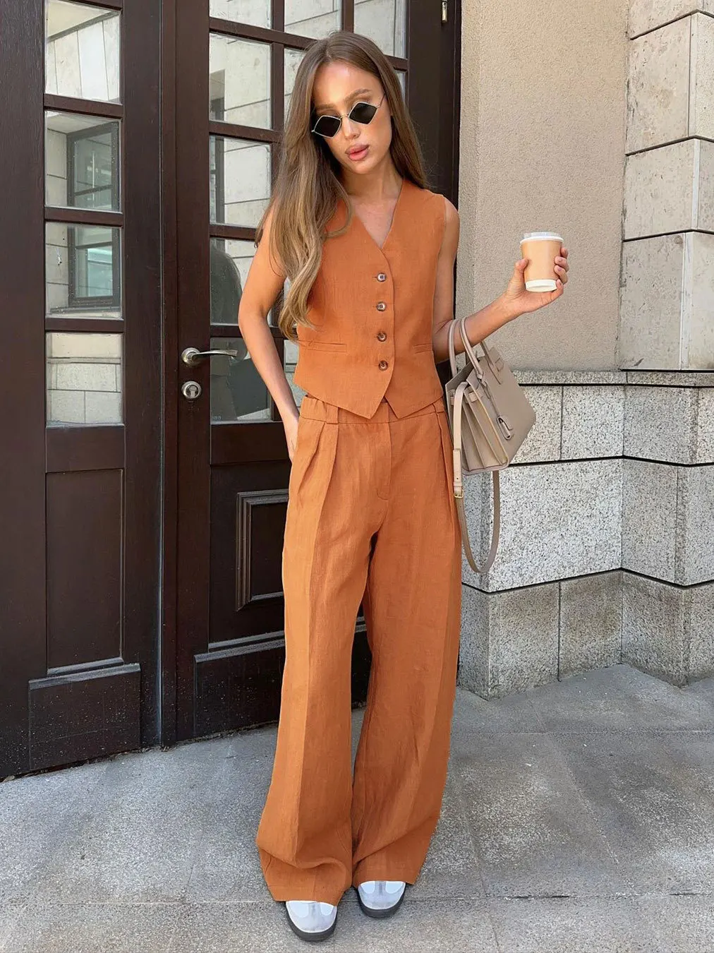 Bronladies Damen Leinen-Baumwoll-Chic-Weste & Hosenanzug Zweiteiliges Set Bürodamen Sommer-Chic 2-Teilige Sets Damen-Outfits – Detail 12