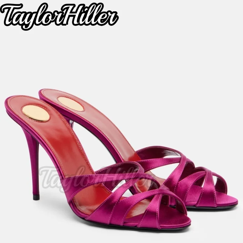 

Luxury Rose Red Satin Mule Sandals Solid Peep Toe Cross Strap Stiletto Dress High Heels Women Designer Spring Summer Shoes 2026