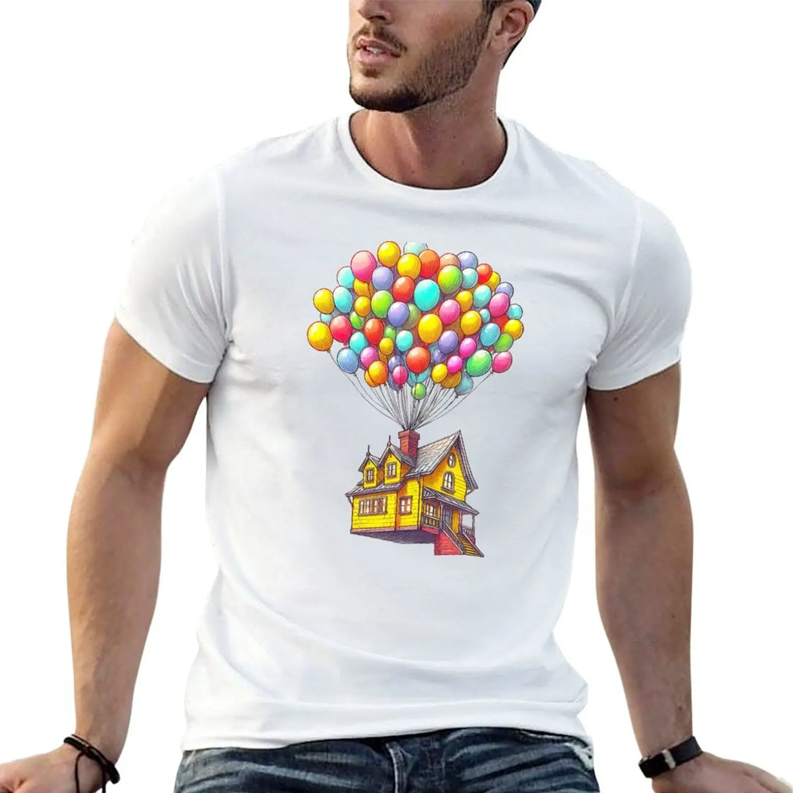 Balloon House Adventure Sketch T-Shirt plus size clothes oversized men tshirt