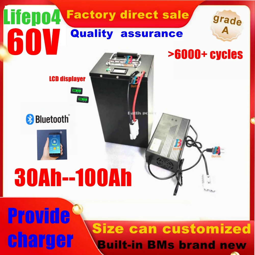 60V Lifepo4 Battery 100Ah 30Ah 40Ah 50Ah 60Ah 70Ah 80Ah 90Ah Batteria for 1800W 3KW Rickshaw Electric Motorcycle Two Wheeler