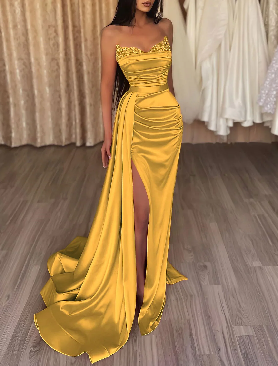 Sumnus Orange Sweetheart Mermaid Prom Dresses Sequins Coset Side Split Sexy Evening Party Dress Pleats Satin Women Formal Gowns