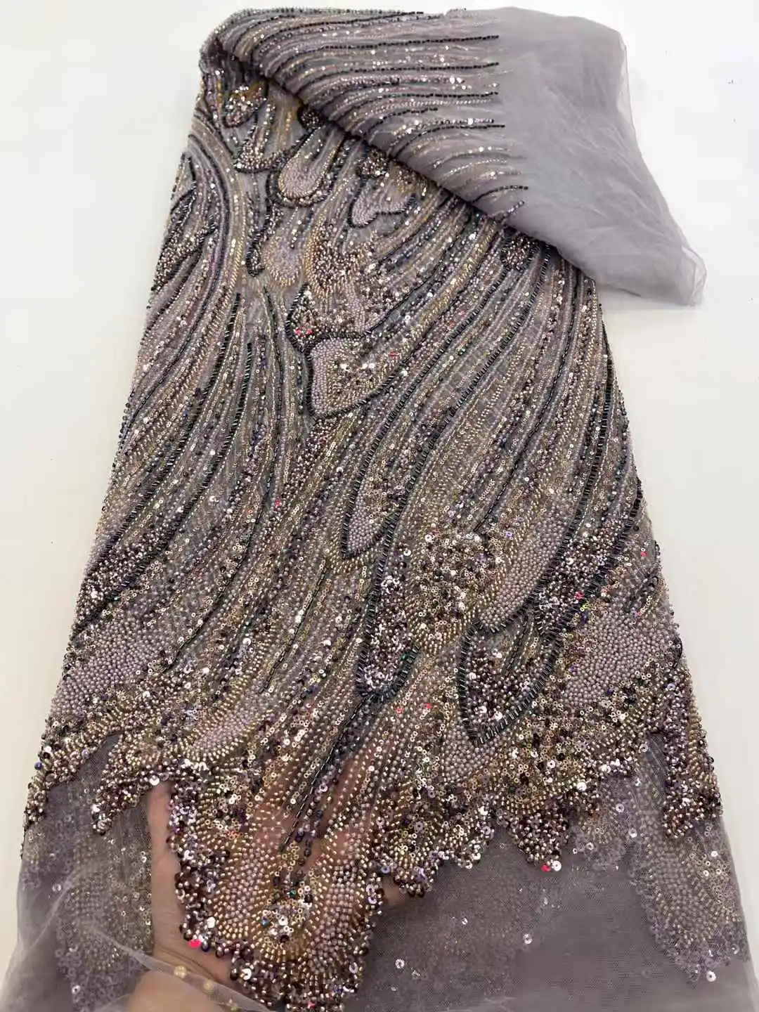 2025 최신 최고급 섬세하고 부드러운 우아하고 고급스러운 비즈 튜브 레이스 스톤 장식 원단 웨딩드레스 및 이브닝 드레스용