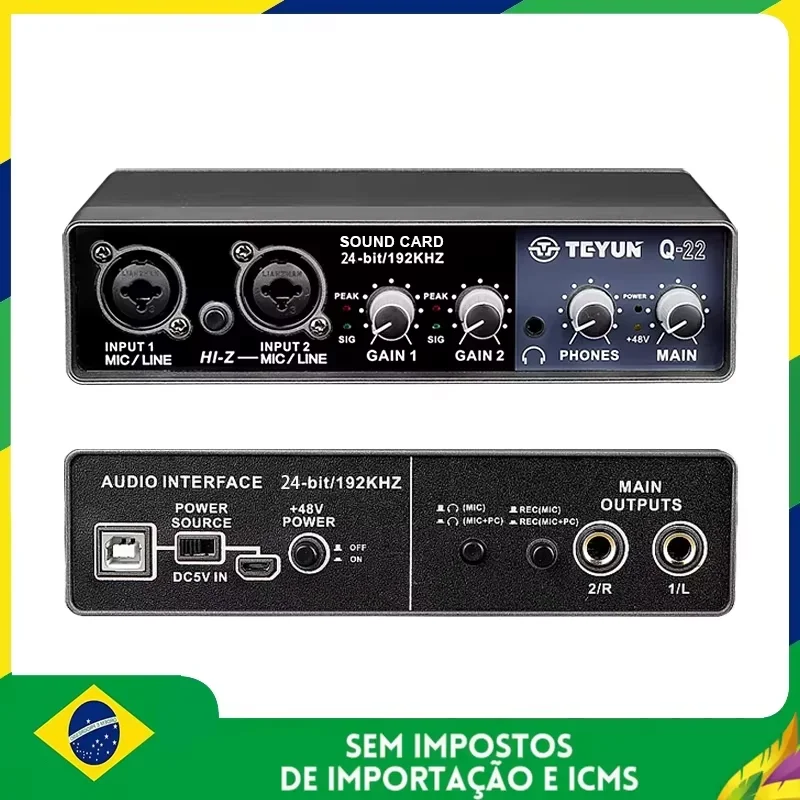 Teyun Q-22 interface de áudio placa de som com monitoramento guitarra elétrica gravação ao vivo placa de som profissional para estúdio cantando