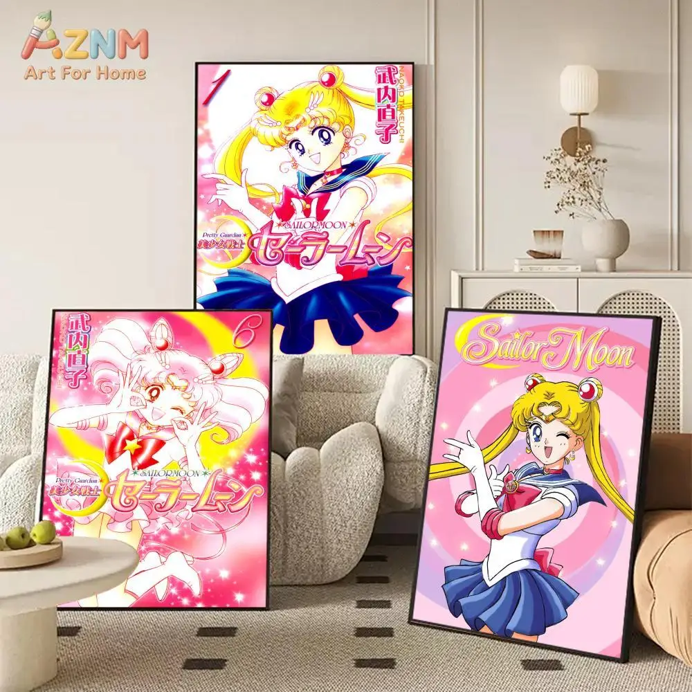 AZNM Sailor Moon Canvas Wall Art, Usagi Tsukino Pretty Guardian Sailor Senshi Anime Design Poster, Frameless Canvas Print, Japan